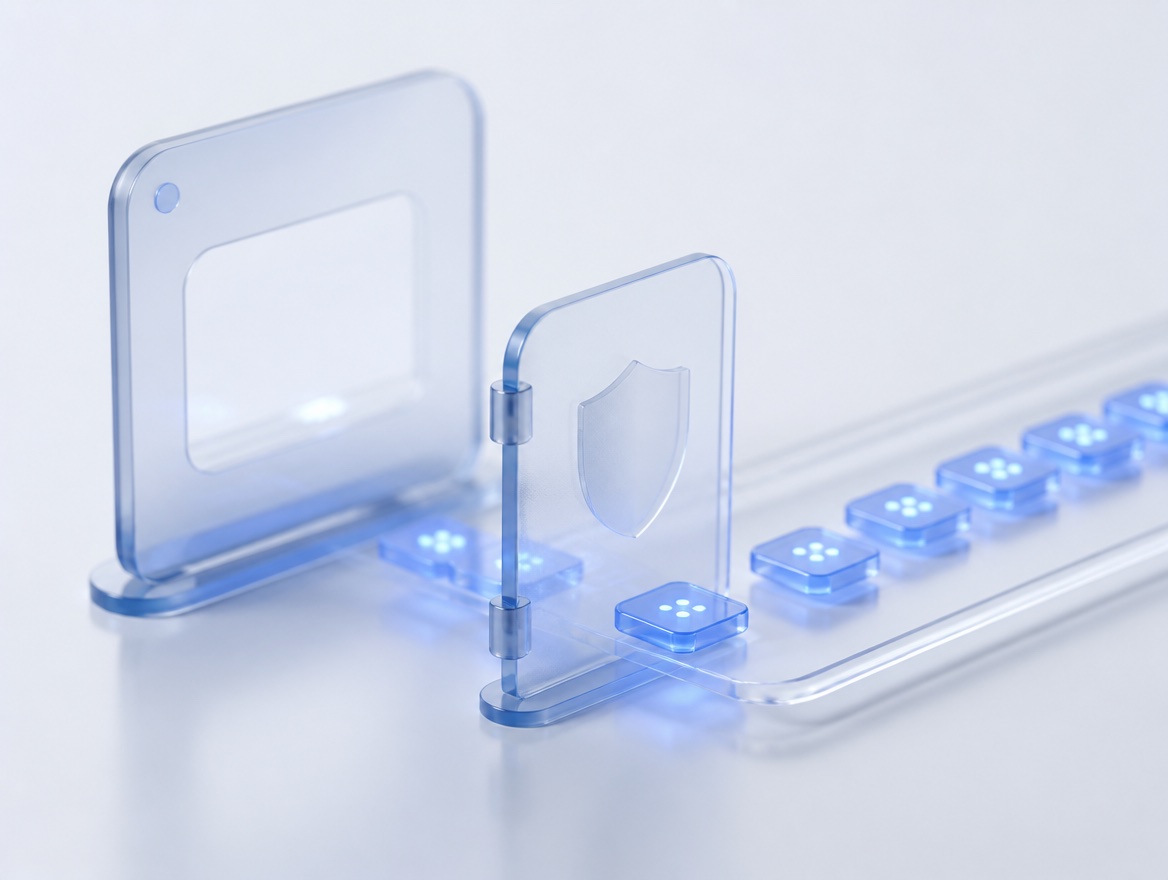 A glass gate between a terminal and a queue of glowing command chips