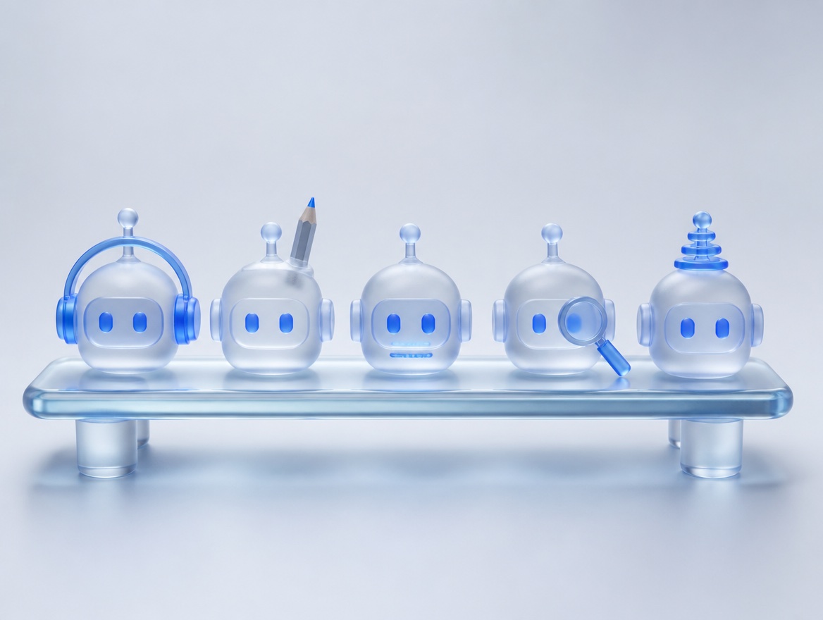 A row of glass robot specialists on a bench