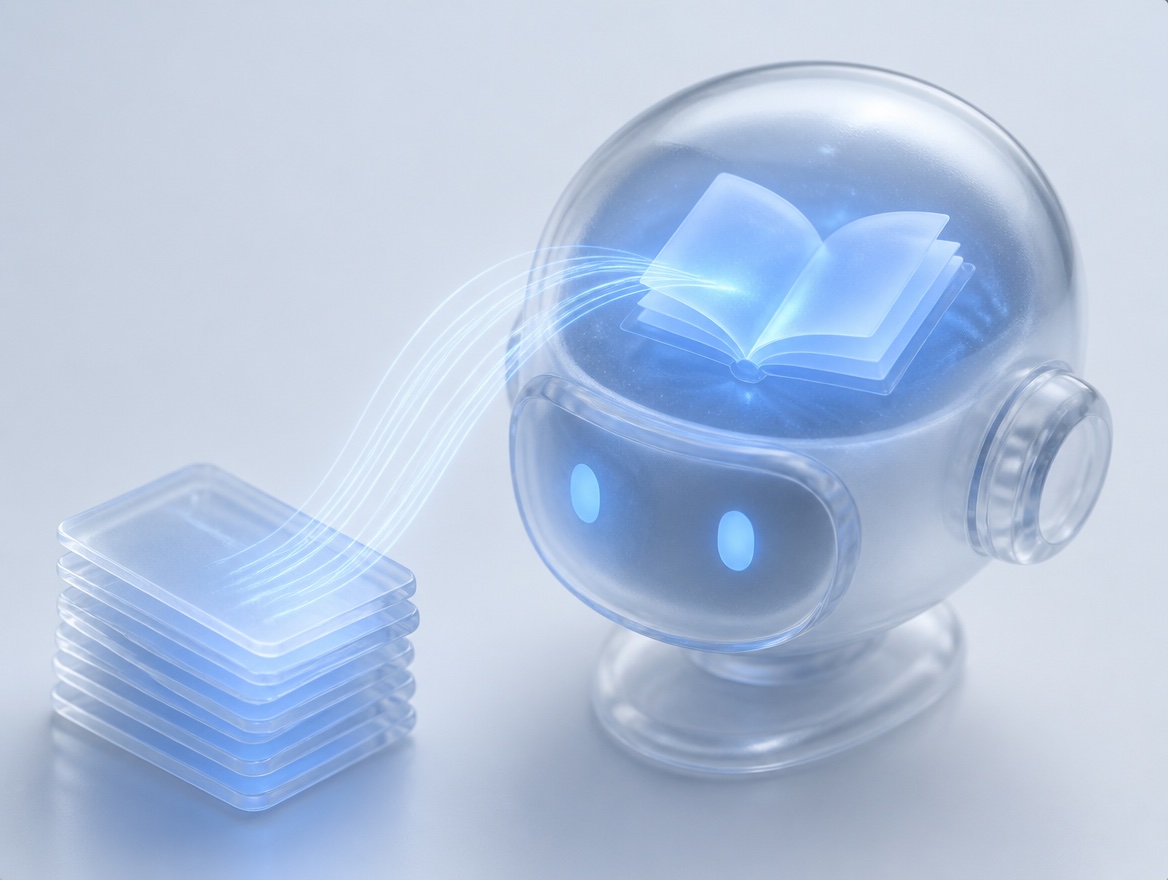 A glass robot head with a glowing book inside, absorbing notes