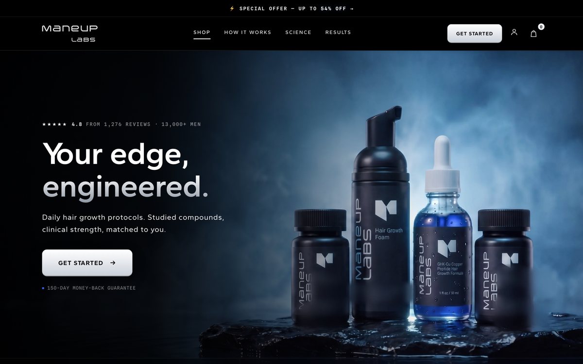 Maneup Labs, homepage, Shopify store rebuilds