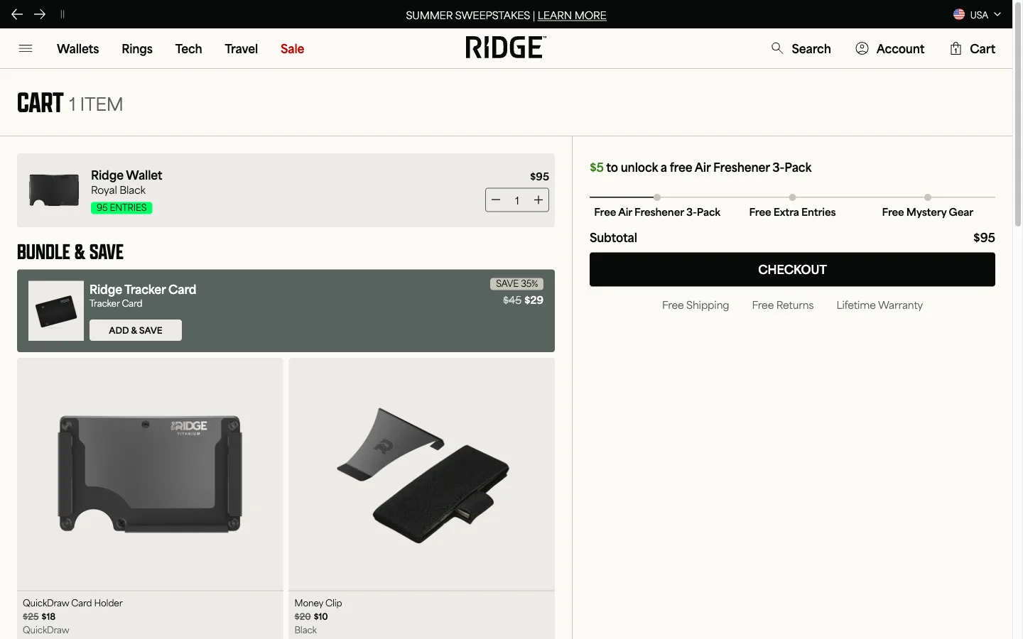 Cart page showing a row of complementary add-on products below the line items, each with a one-click add button