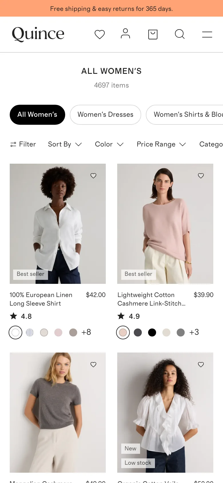 Mobile category tile showing a star rating, a merchandising badge, the price and a color-overflow count together
