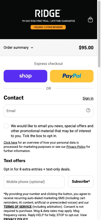 Mobile checkout screen showing express wallet payment buttons above the manual email and address form