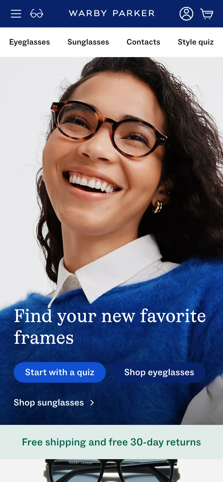 Homepage hero on mobile showing a primary Start with a quiz button above a secondary Shop eyeglasses button