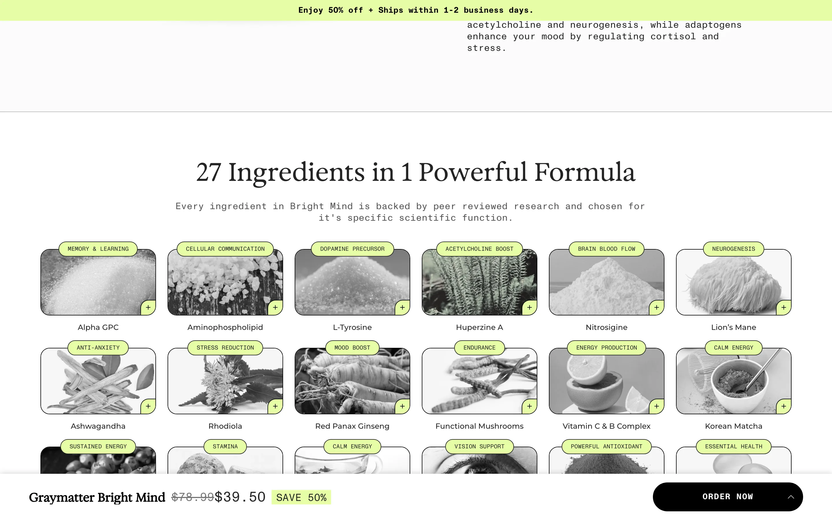 A grid of photographed ingredients, each carrying a small tag naming its function such as memory and learning or mood boost