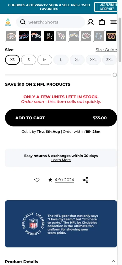 Mobile product page showing a red low-stock warning next to the size selector, reading Only a few units left in stock