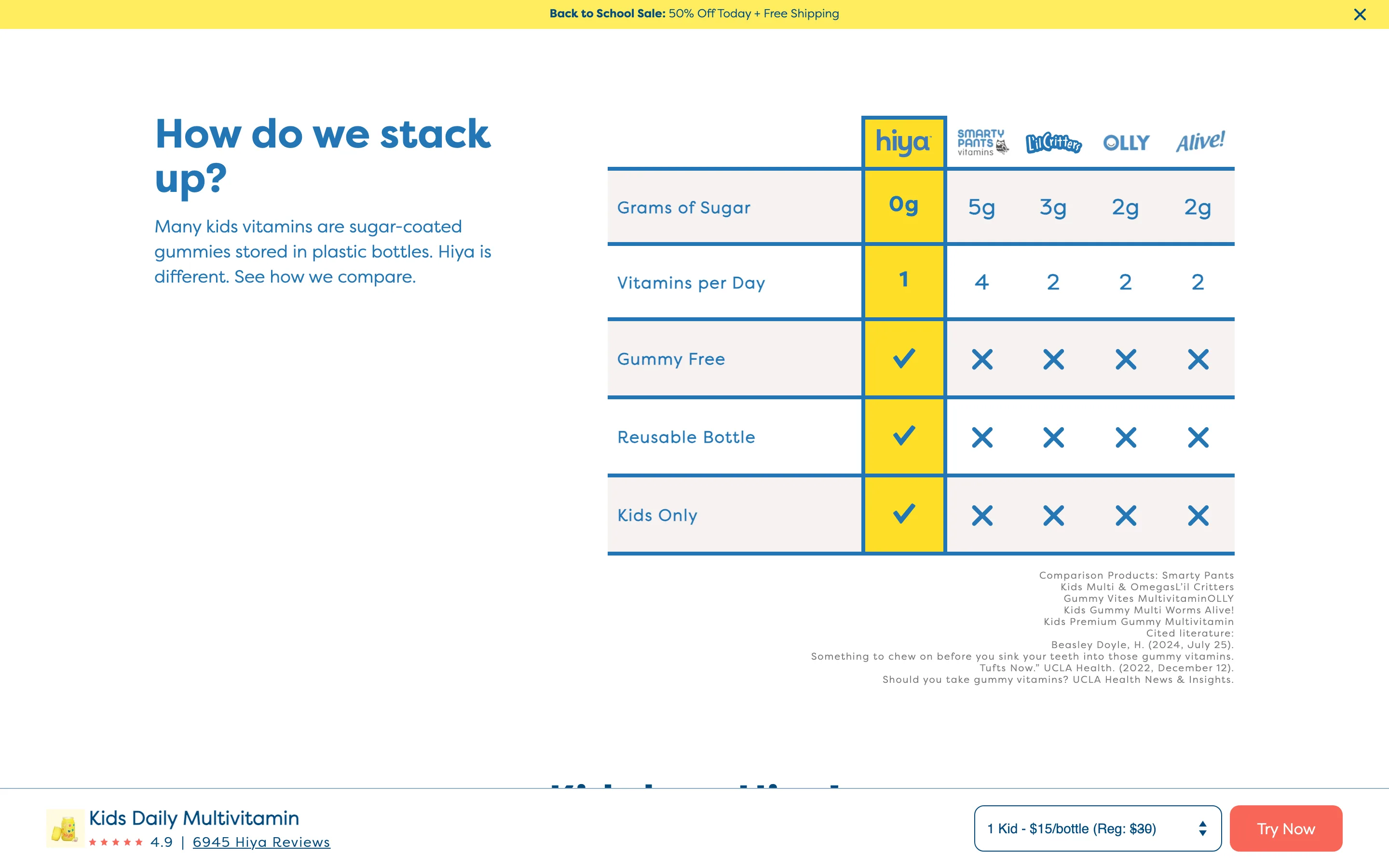 A comparison table naming competitor brands in their own columns with numbers and checkmarks, and a footnote listing the exact products compared