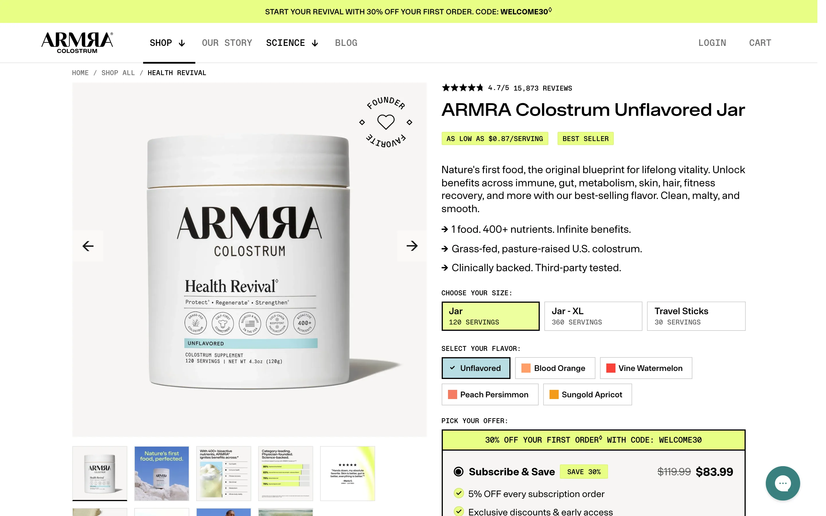 A product page showing size tiers with serving counts and a per-serving price, plus a subscribe-and-save option