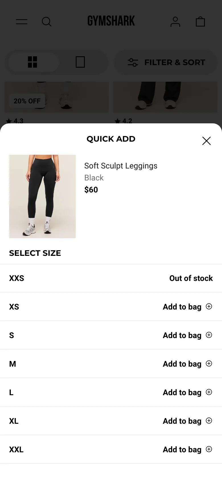 Mobile category grid with a quick-add size-picker panel open over a product tile