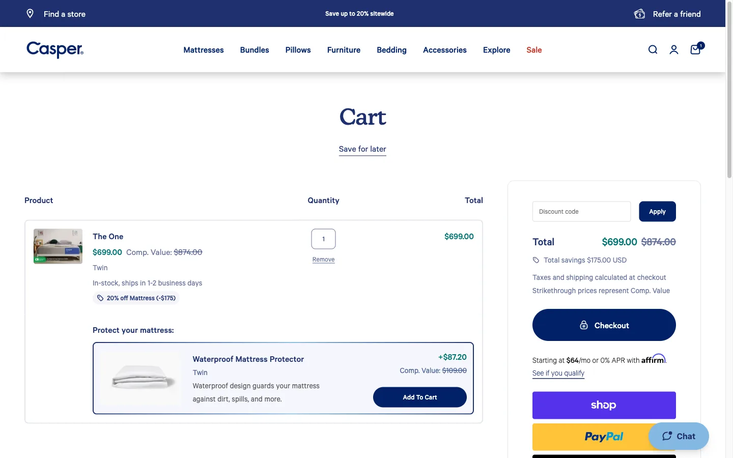 Cart page showing a "Save for later" action next to the cart heading, separate from each line's own remove link
