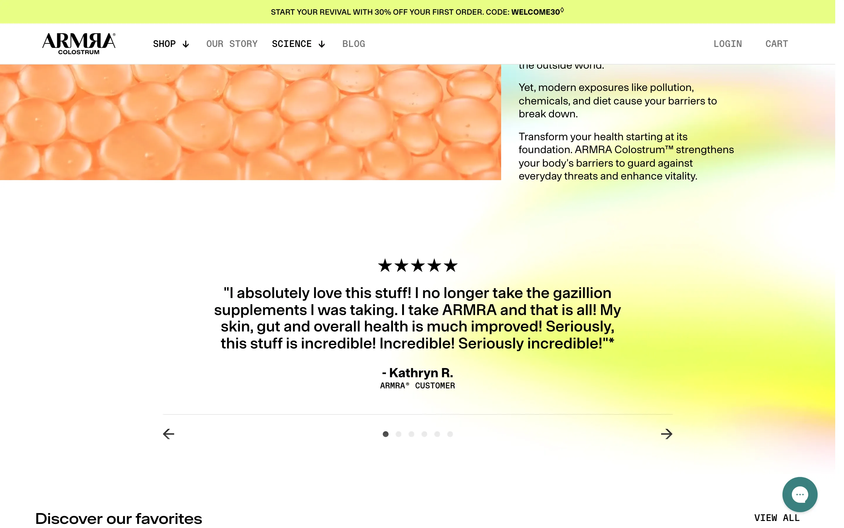 A review carousel showing one large customer quote at a time with five stars, the customer name, and arrow and dot navigation