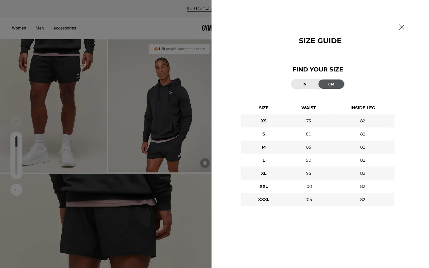 Product page with a size guide open as an overlay modal showing a measurement table, the underlying product still visible behind it